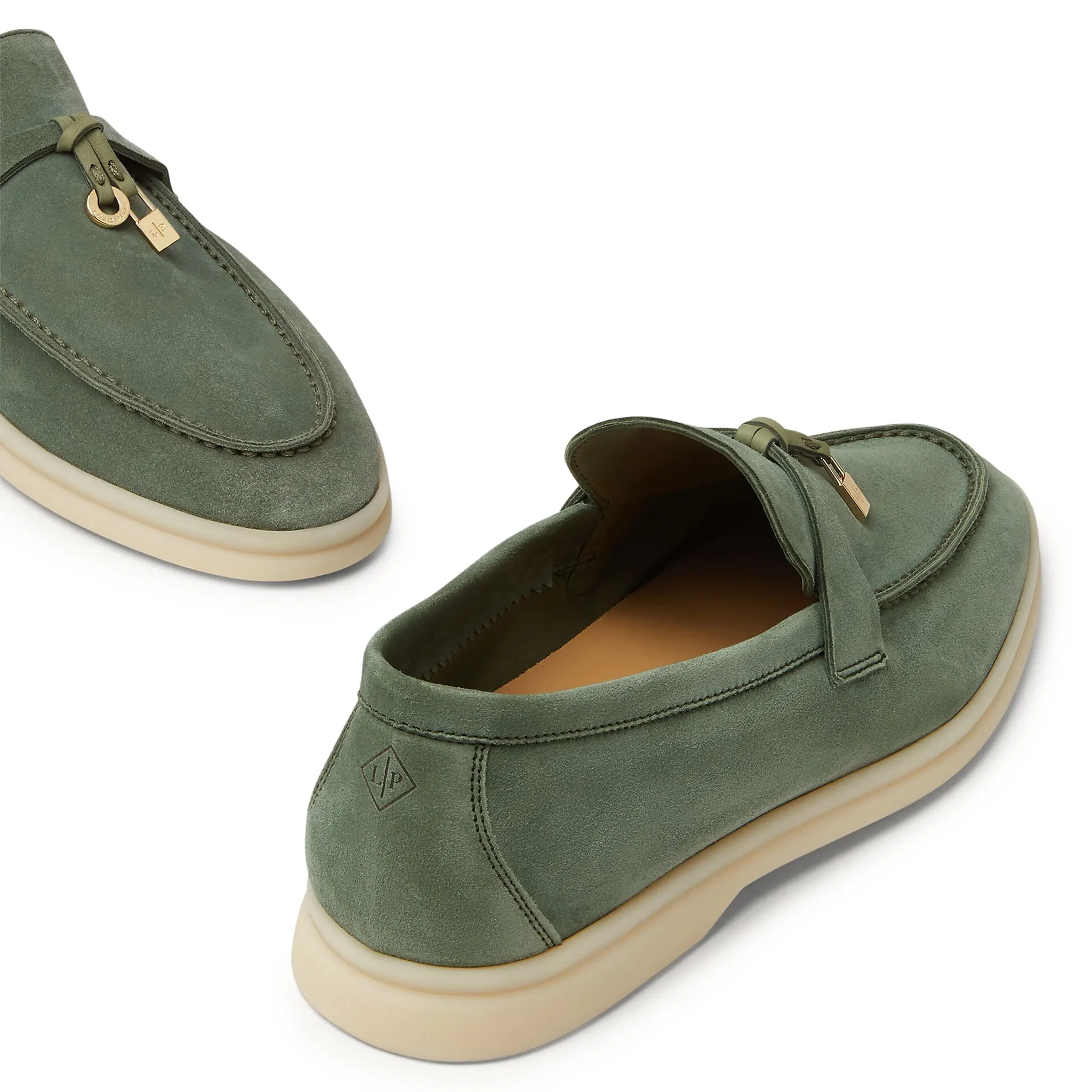 Back Side View of Loro Piana Summer Charms Walk Suede Green Lagoon Loafers FAE5444_518W